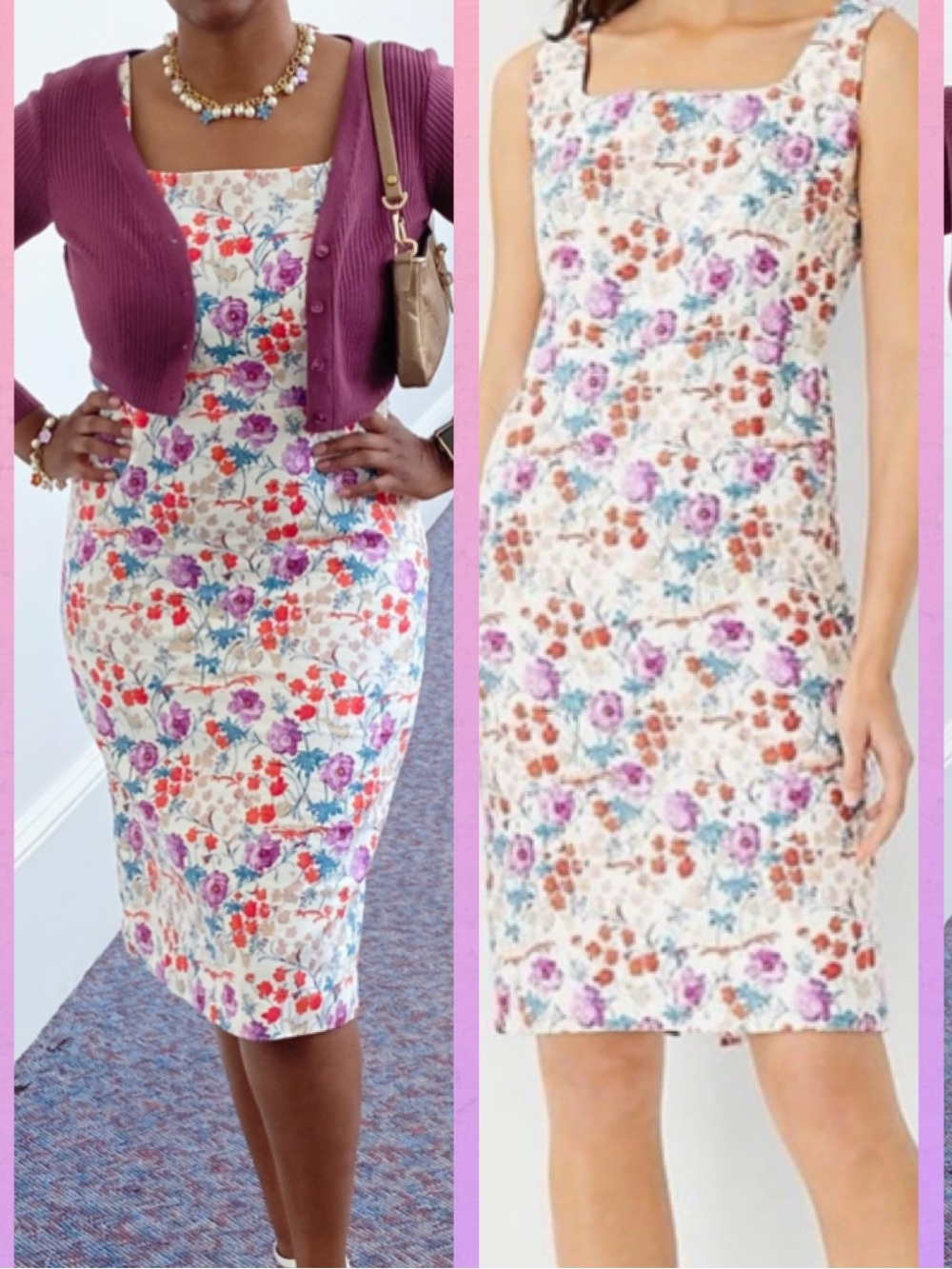 Ann Taylor Multi-Color Floral Square-Neck Midi Dress & matching necklace set